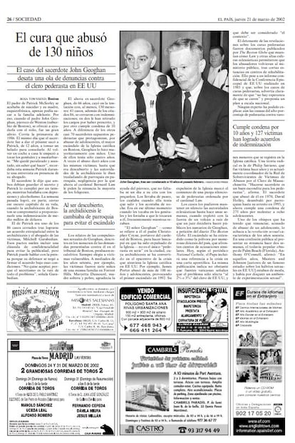 A page from the March 21, 2002, issue of EL PAÍS, on the abuse scandal in the U.S. that tormented Padre Pica.