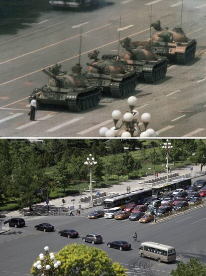 En la imagen de arriba, un hombre bloquea una línea de tanques cerca de la plaza de Tiananmen, 5 de junio de 1989. Abajo, casi 25 años después, decenas de vehículos circulan por la misma calle, 27 de mayo de 2014.