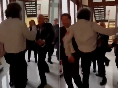 En la primera imagen, Jorge Gaviño, diputado del PRD, empuja a Jesús Sesma, diputado y coordinador nacional del Partido Verde. Sesma procede a patear a Gaviño.