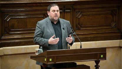 Oriol Junqueras durante su intervenci&oacute;n en el &uacute;ltimo Pleno en el Parlament.