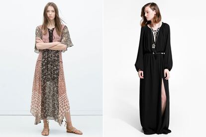 Maxivestidos bohemios. Los vestidos largos, estampados o lisos, seguirán entre nosotros. A la izquierda, uno de los diseños de Zara rebajado de 69,95 a 39.99 euros. A la derecha, la opción de Mango (antes 79,99 y ahora 54,99 euros).