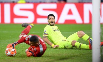 Luis Suárez, en el partido contra el Olympique de Lyon.