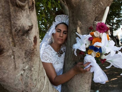 Una mujer vestida de novia abraza un árbol durante una boda entre personas y árboles.