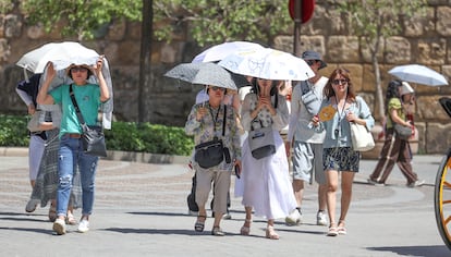 Turistas en el centro histórico de Sevilla durante la ola de calor de este junio.