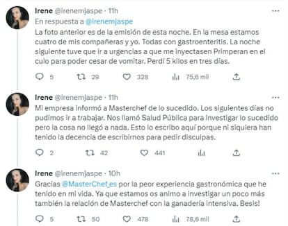 Tuits de la comensal que denunció la intoxicación.