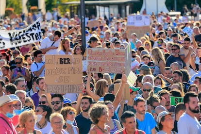 Manifestación contra las mascarillas en Madrid el 16 de agosto.