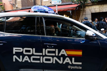 Madrid, Spain. February 11, 2024 - Spanish Police patrol car on a street, close up.