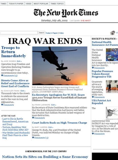 Organizaciones progresistas lanzan una edición falsa del famoso diario estadounidense con noticias utópicas como el fin de la guerra de Irak