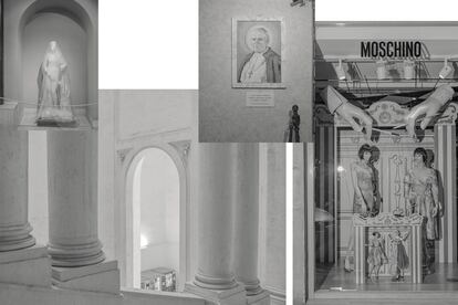 Máquina de refrescos a modo de escultura bajo los arcos de la escalinata de Bernini en el palacio Barberini. Arriba, escultura cubierta con un plástico antes de su restauración en los Museos Vaticanos. En esta página, mosaico de teselas con el retrato del papa Juan Pablo II en la basílica de San Pedro, en el Vaticano, y escaparate de una tienda de Moschino en el centro de Roma.