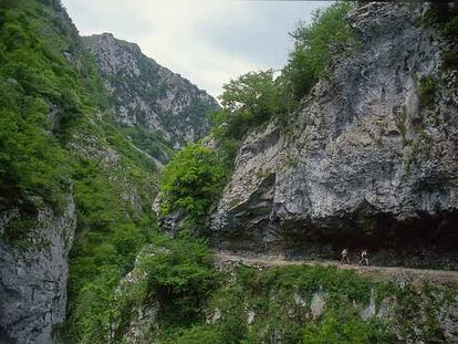 Dos excursionistas recorren el estrecho camino del desfiladero de las Xanas, en Asturias.