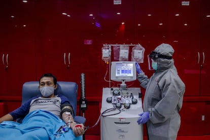 Un paciente recuperado de la covid-19 dona sus sangre para la extracción de plasma para ayudar a pacientes en estado crítico, en la oficina de la Cruz Roja en Surabaya, Java Oriental (Indonesia).