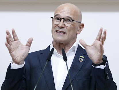 El vicesecretario general de Prospectiva y Agenda 2030 de ERC, Raül Romeva, durante la rueda de prensa