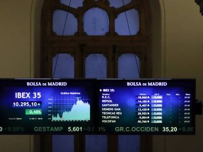 Fotografía de la Bolsa de Madrid que muestra el panel donde se observan los valores del principal indicador, el IBEX 35.