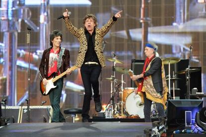 Mick Jagger, Keith Richards and Ronnie Wood perform a concert in the UK last summer.