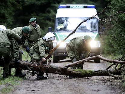 La policía despeja un camino en Dannenberg (norte de Alemania), bloqueado con árboles por los campesinos.