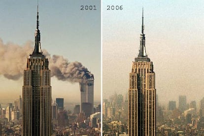 Vista aérea de Manhattan el 11-S con las torres ardiendo y el Empire State en primer plano. La misma perspectiva tomada el pasado 20 de junio.