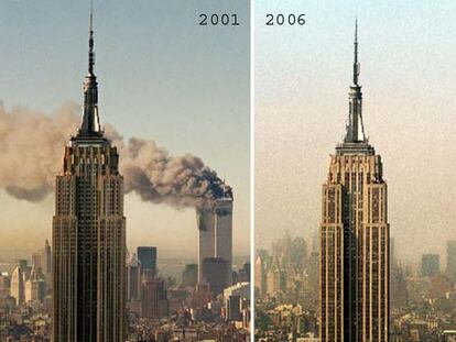 Vista aérea de Manhattan el 11-S con las torres ardiendo y el Empire State en primer plano. La misma perspectiva tomada el pasado 20 de junio.