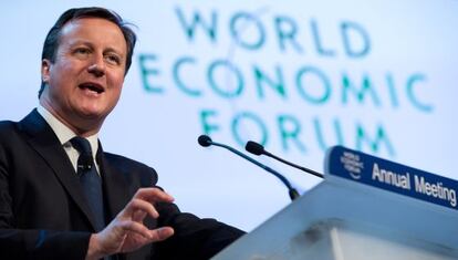El primer ministro brit&aacute;nico, David Cameron, durante su discurso en el Foro Econ&oacute;mico Mundial este jueves en Davos (Suiza). 