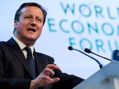 El primer ministro brit&aacute;nico, David Cameron, durante su discurso en el Foro Econ&oacute;mico Mundial este jueves en Davos (Suiza). 