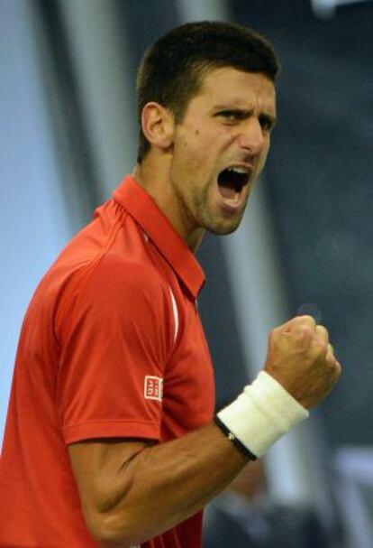 Djokovic celebra el primer set ante Berdych.
