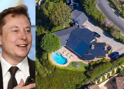 Elon Musk junto a un plano aéreo de una de las cinco casas que vende, que perteneció a Gene WIlder y cuesta unos 8,3 millones de euros. 