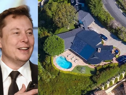 Elon Musk junto a un plano aéreo de una de las cinco casas que vende, que perteneció a Gene WIlder y cuesta unos 8,3 millones de euros. 