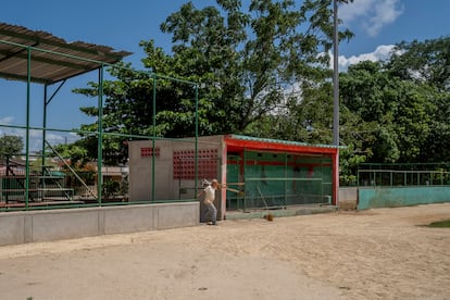 Un hombre trabaja en la adecuación de una cancha de sóftbol en Turbaco (Departamento de Bolívar).