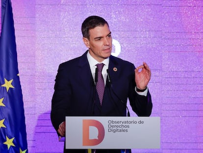 El presidente del Gobierno, Pedro Sánchez, durante su intervención en la clausura del acto de presentación del Observatorio de Derechos Digitales, este miércoles en Madrid.