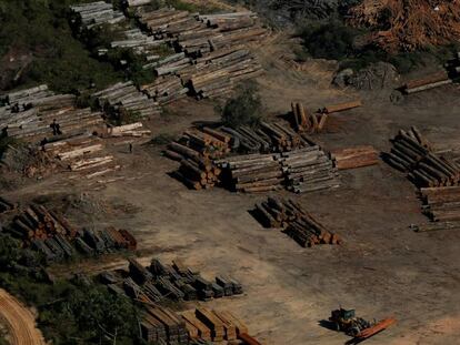 Pilhas de madeira durante a Operação Onda Verde, do Ibama, no sul do Amazonas, em julho 2017.
