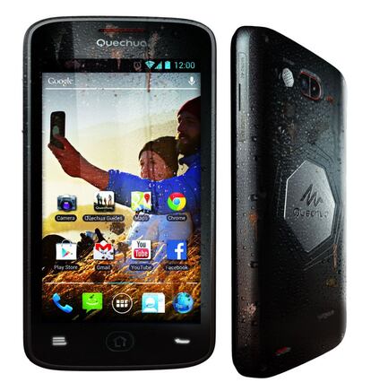 Quechua Phone, el primer móvil de la tienda de deportes Decathlon, presenta una generosa pantalla de cinco pulgadas, autonomía para un fin de semana lejos de enchufe y resistencia superior a lo habitual. Funciona con la versión 4.1 de Android. Se vende libre por 229 euros.