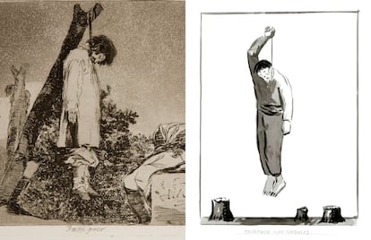 A la izquierda, 'Tampoco', aguafuerte de Goya de 1810-14, y a la derecha su réplica, 'Tampoco hay árboles', de El Roto.