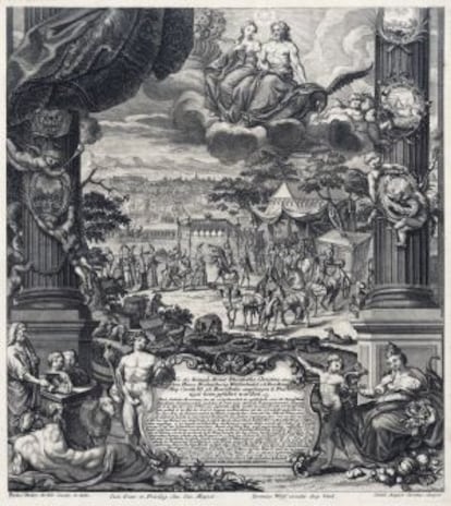 Carlos III recibiendo a la reina Elisabet Cristina de Brunswick en Barcelona, en 1708.