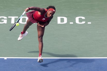 Coco Gauff of the USA serves against Maria Sakkari of Greece in the women's final of the Mubadala Citi DC Open, in Washington, DC, USA, 06 August 2023.