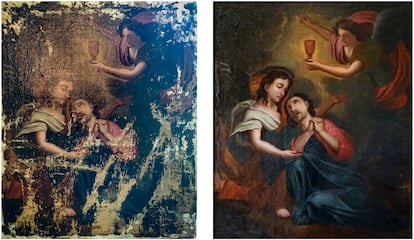 Una restauración manual de una pintura barroca italiana sobre lienzo, que el autor del estudio, Alex Kachkine, tardó más de 7 meses en completarse. El nuevo método es sustancialmente más rápido para pinturas tan dañadas.