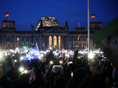 A protest against the far-right in front of the Bundestag, in Berlin, on Sunday, January 21, 2024.