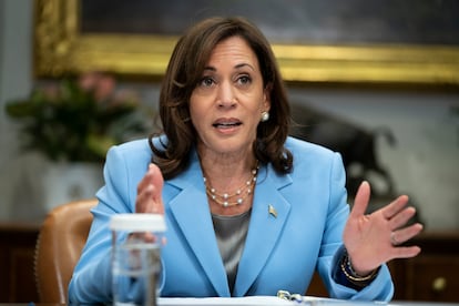 Vice President Kamala Harris speaks during a meeting with a task force on reproductive health care access, in the Roosevelt Room of the White House, on April 12, 2023.