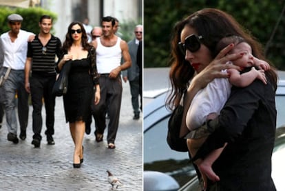Monica Bellucci en el rodaje de un anuncio en Roma. A la derecha, con su bebé al acabar la jornada.