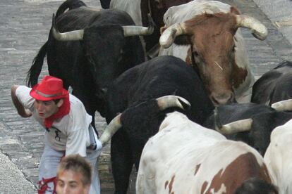 Tras cumplir con los tres cánticos de rigor ante la imagen de San Fermín en los que se ha pedido protección al santo, los mozos han esperado la puntual salida de la manada, que desde los corrales de Santo Domingo han iniciado la carrera encabezados por un manso y uno de los Aguirre, a los que seguían el resto de los hermanos.