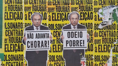 Lambe-lambes com imagens do ministro Paulo Guedes espalhados pela avenida Faria Lima, na zona oeste de São Paulo, coração do centro financeiro brasileiro, neste domingo.