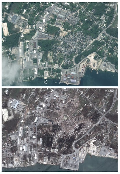 Antes y después (abajo) de la zona de Marsh Harbour en las islas Ábaco (Bahamas). Este jueves Dorian golpeó a primera hora de la mañana Carolina del Norte y Carolina del Sur, en Estados Unidos, con potentes vientos sostenidos e intensas lluvias, fortalecido a categoría 3, según datos del Centro Nacional de Huracanes de EE UU.