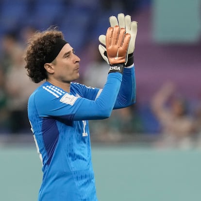 Mexico's goalkeeper Guillermo Ochoa leaves the field after the World Cup group C soccer match between Mexico and Poland, at the Stadium 974 in Doha, Qatar, Tuesday, Nov. 22, 2022. (AP Photo/Moises Castillo)