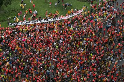 Vista aérea da manifestação pela Diada (o Dia Nacional da Catalunha), em Barcelona, nesta terça-feira, 11 de setembro de 2018.