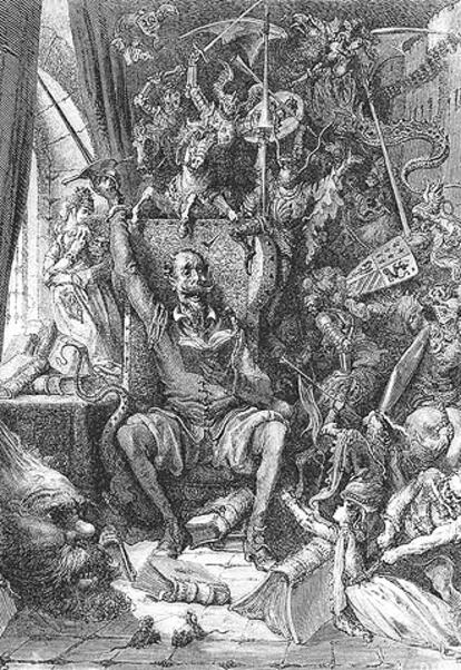 Ilustración de Gustave Doré de 'Don Quijote en su librería'.