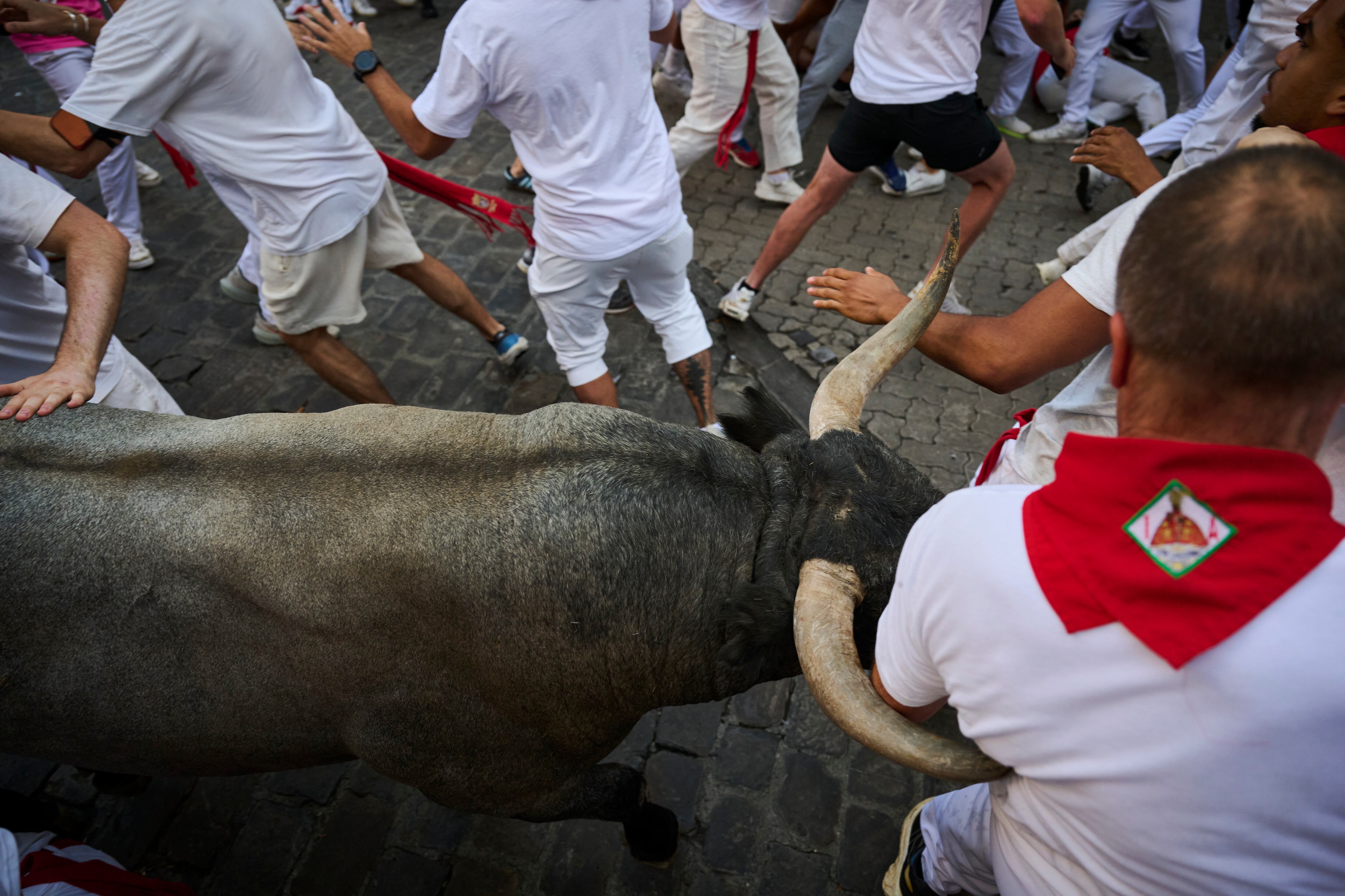 Un herido y 13 contusionados en un multitudinario y peligroso quinto encierro de los toros de José Escolar