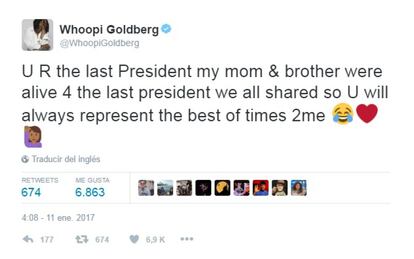 "Eres el último presidente que conocieron mi madre y mi hermano, por lo tanto también eres el último que compartimos. Siempre representarás los mejores tiempos para mí", ha señalado la actriz Whoopi Goldberg.