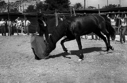 Espectáculo en Alcalá la Real (Jaén). Foto de 1985 en la que 'Lucero', que así se llamaba el caballo, era lidiado y acababa tumbado simulando su muerte.