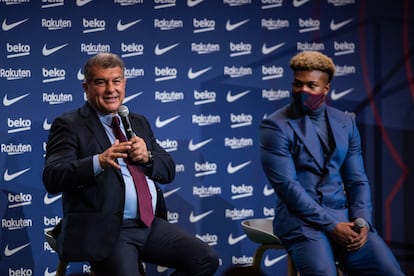 Laporta, durante la presentación de Adama Traoré.