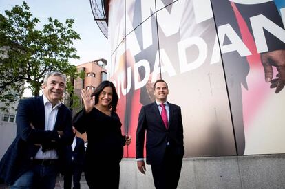 Los candidatos de Ciudadanos al Parlamento europeo, Luis Garicano; al Ayuntamiento de Madrid, Begoña Villacís, y a la Comunidad, Ignacio Aguado.