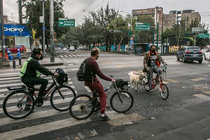 Gente anda en bicicleta en la colonia Roma Norte de la Ciudad de México.