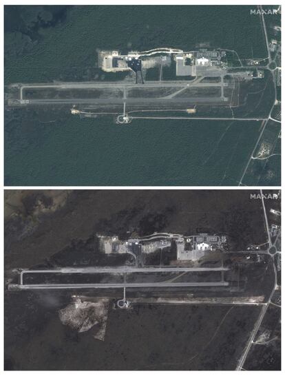 El Aeropuerto Internacional Leonard Thompson, en las islas Ábaco (Bahamas), el 25 de octubre de 2018, antes del paso del huracán Dorian. Debajo, la misma área, el 5 de septiembre de 2019.